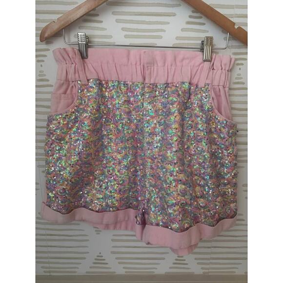 Fantastic Fawn Women’s Large Pink Sequin Color Block Paper Bag Denim Shorts - Picture 4 of 8